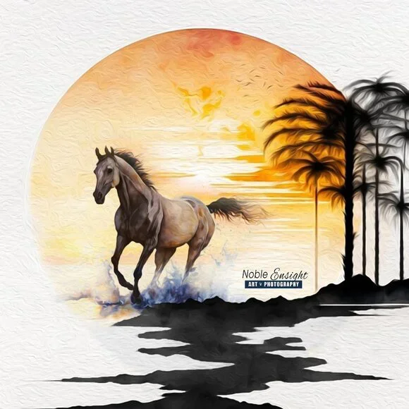 8x8 Horse Galloping On The Beach Rising Sun Watercolor Oil Painting Print - Picture 3 of 6